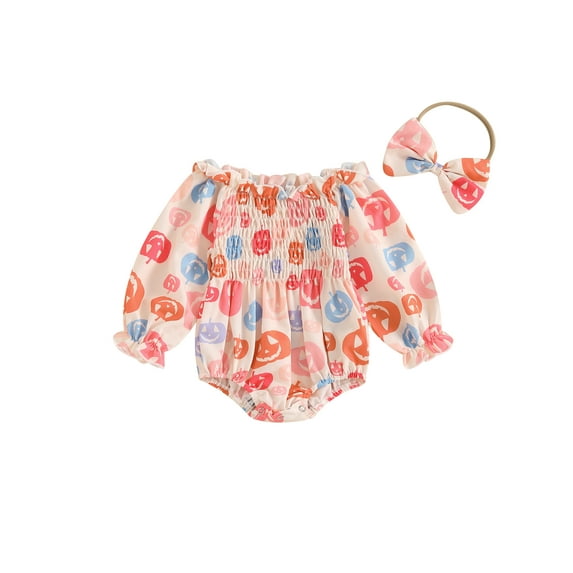 Suealasg Baby Girls 2Pcs Halloween Outfits Newborn Girls Fall Winter Clothes 3 6 12 18 Months Infant Girls Long Sleeve Pumpkin Print Smocked Romper + Headband Set