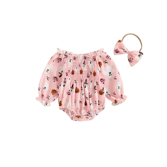 Suealasg Baby Girls 2Pcs Halloween Outfits Newborn Girls Fall Winter Clothes 3 6 12 18 Months Infant Girls Long Sleeve Pumpkin Print Smocked Romper + Headband Set