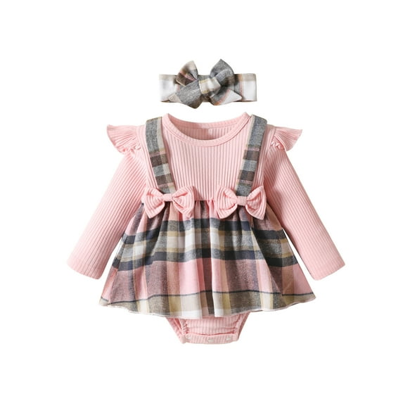 Suealasg Baby Girls 2Pcs Spring Outfit 3 6 9 12 18 Months Infant Girls Long Sleeve Ruffle Plaid Patchwork Romper Dress + Headband Set Newborn Girl Fall Clothing