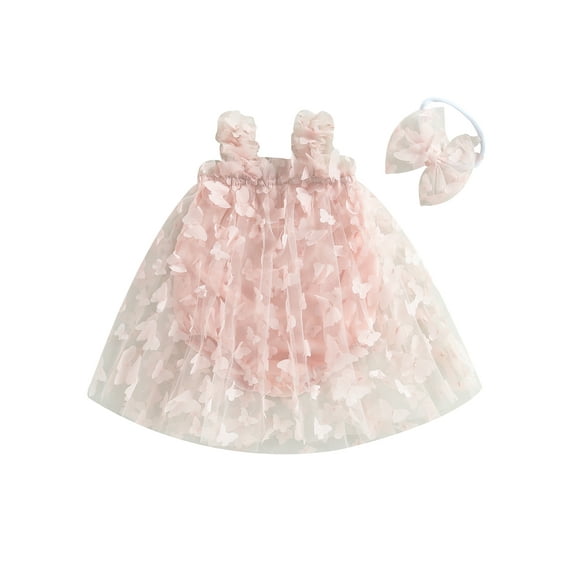 Suealasg Baby Girls 2Pcs Summer Outfits Baby Girl Princess Dress Sleeveless Bowknot Strap 3D Butterfly Flower Ruffle Tulle Tutu Dress Fairy Dress + Headband Set