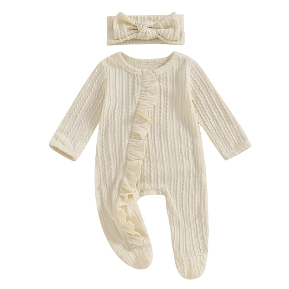 Suealasg Baby Girls 2pcs Spring Jumpsuit Outfits Long Sleeve Crew Neck Solid Color Ruffle Romper with Headband 3M 6M 12M Infant Cute Playsuit