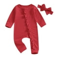 thumbnail image 1 of Suealasg Baby Girls 2pcs Spring Jumpsuit Outfits Long Sleeve Crew Neck Solid Color Zip Up Ruffle Romper with Headband 3M 6M 12M 18M Infant Cute Playsuit, 1 of 9