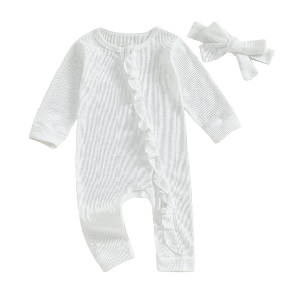 Suealasg Baby Girls 2pcs Spring Jumpsuit Outfits Long Sleeve Crew Neck Solid Color Zip Up Ruffle Romper with Headband 3M 6M 12M 18M Infant Cute Playsuit
