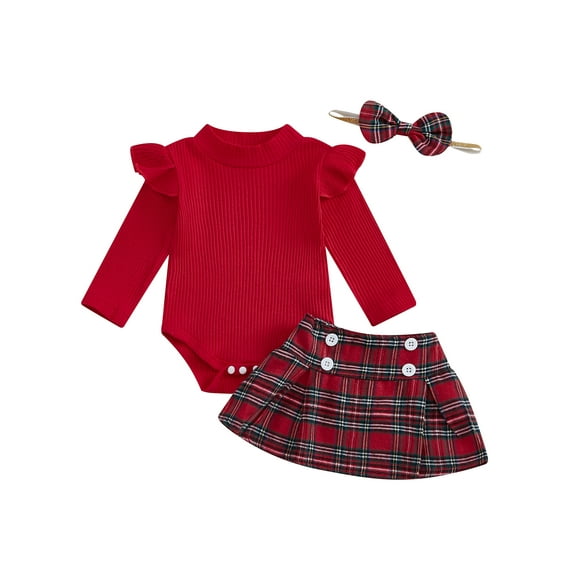Suealasg Baby Girls 3Pcs Fall Winter Clothes 3 6 9 12 18 Months Infant Girls Christmas Outfits Long Sleeve Romper Button A-Line Short Skirt Bow Headband