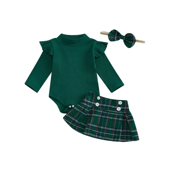 Suealasg Baby Girls 3Pcs Fall Winter Clothes 3 6 9 12 18 Months Infant Girls Christmas Outfits Long Sleeve Romper Button A-Line Short Skirt Bow Headband