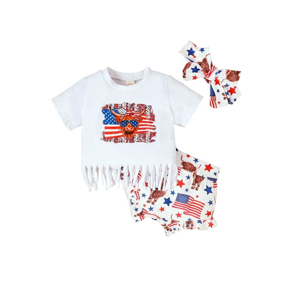 Suealasg Baby Girls 4th of July Clothes Set Short Sleeve Cow Head/Glasses Tassel T-Shirts+ Flag Star Stripe Print Shorts +Headband 3Pcs Infant Newborn Independence Day Outfits