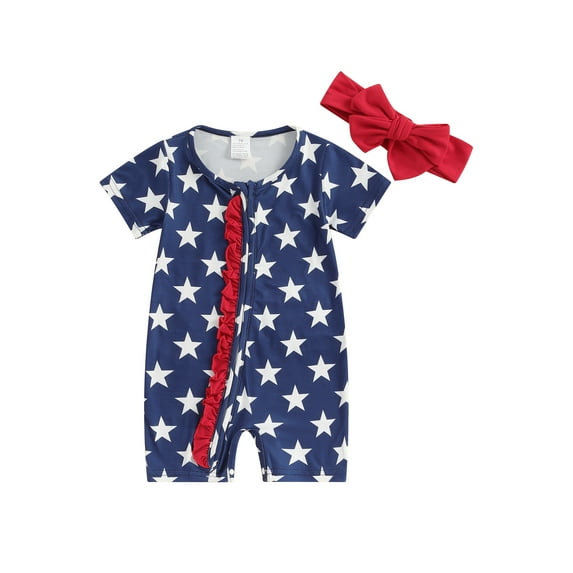 Suealasg Baby Girls 4th of July Outfit Newborn Romper Jumpsuits Short Sleeve Flag/Stars Print One-Piece Clothes 0-18 Months Infant Independence Day Bodysuit with Headband