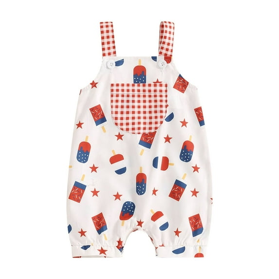 Suealasg Baby Girls 4th of July Overall Shorts Sleeveless Stars Popsicle Print Rompers Shorts 3 6 9 12 18 Months Newborn Summer Independence Day Clothes