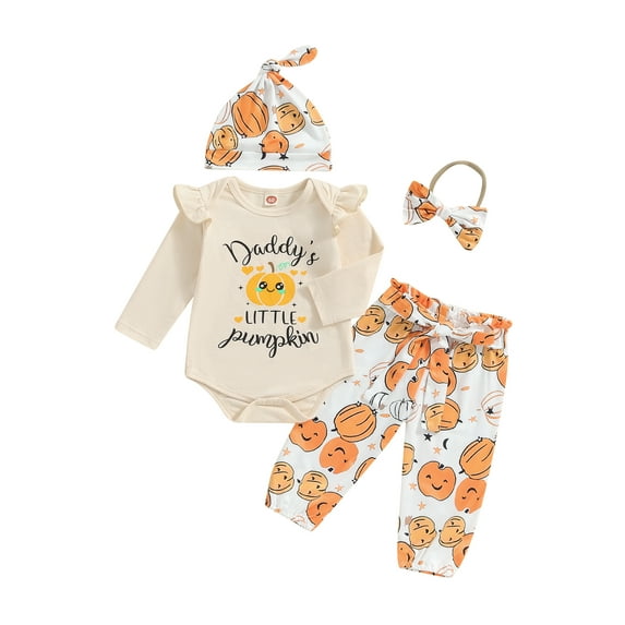 Suealasg Baby Girls 5Pcs Halloween Clothes 3 6 12 18 Months Infant Girls Halloween Outfits Long Sleeve Pumpkin Print Romper+ Pants +Headband +Hat +Belt