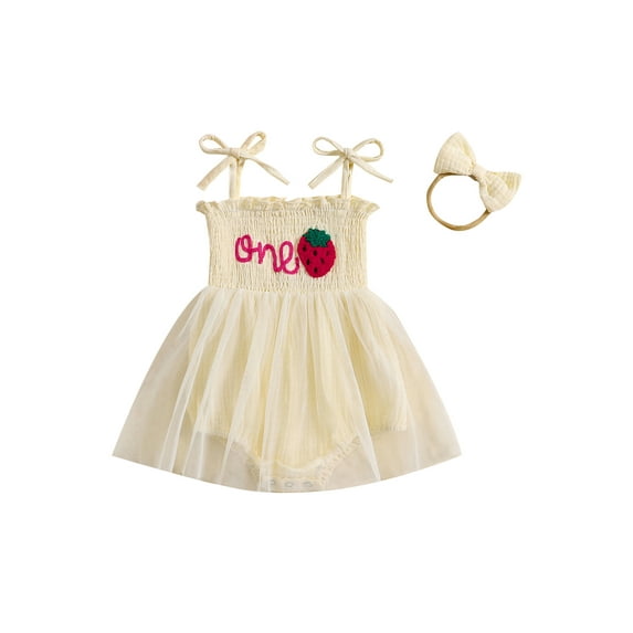 Suealasg Baby Girls Birthday Party Romper Dress Sleeveless Letter Strawberry Tulle Dress 6M 12M 18M Infant Newborn Girls Summer Photo Shoot Clothes