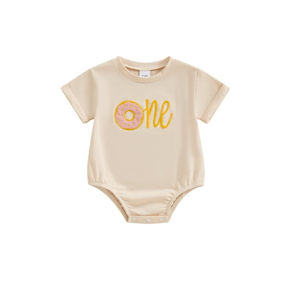 Suealasg Baby Girls Birthday Romper Short Sleeve Round Neck Letter Donut Print Bodysuit Jumpsuit 6M 12M 18M Newborn Girls Summer One Piece Clothes