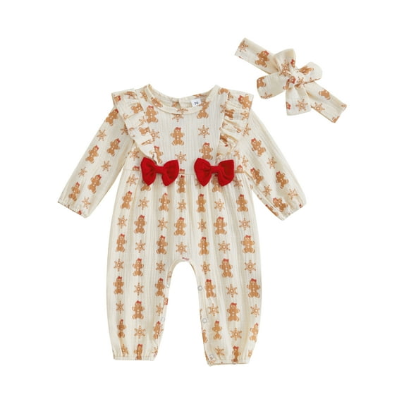 Suealasg Baby Girls Christmas Full Length Jumpsuit Long Sleeve Gingerbread Man Print Romper Bodysuits 3 6 9 12 Months Fall Coming Home Clothes for Infant Girls