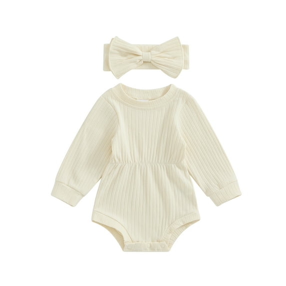 Suealasg Baby Girls Clothes 3 6 12 18 Months Infant Girls Long Sleeve Round Neck Ribbed Romper + Headband Set 2Pcs Newborn Girl Fall Outfit