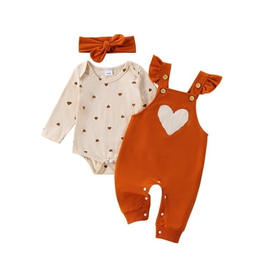 Suealasg Baby Girls Clothes Long Sleeve Heart Print Romper Suspender Pants Headband Sets 3 6 12 18 Months Infant Girls 3Pcs Spring Fall Pants Set Outfits