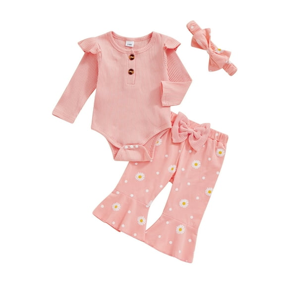 Suealasg Baby Girls Clothes Long Sleeve Romper Daisy Print Flare Pants Headband Sets 3 6 9 12 18 Months Infant Girls 3Pcs Spring Fall Outfits