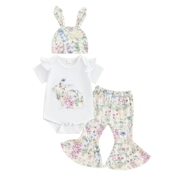Suealasg Baby Girls Easter 3Pcs Clothes Set Short Short Sleeve Bunny Print Romper with Floral Flare Pants and Hat Infant Newborn Summer Outfits