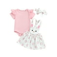 thumbnail image 1 of Suealasg Baby Girls Easter 3Pcs Clothes Set Solid Color Short Sleeve Crew Neck Romper Rabbit Straps Skirts Overalls Headband Set 3M 6M 9M 12M 24M Infant Newborn Girls Summer Outfits, 1 of 9