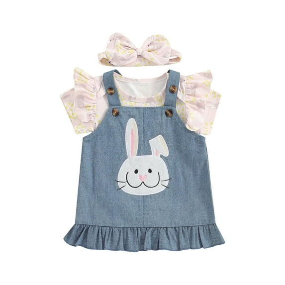 Suealasg Baby Girls Easter Clothes Outfits 3M 6M 9M 12M 18M Bunny Print Short Sleeve Romper +Denim Overall Dress +Headband 3Pcs Summer Casual Clothing for Infant Girls