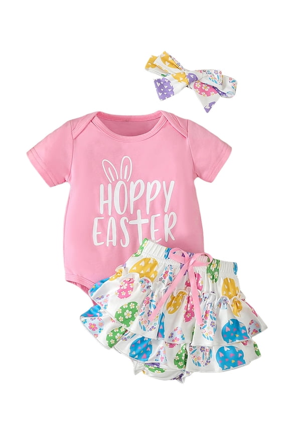 Baby Girls Easter Outfit 3 6 12 18 Months Infant Girls Short Sleeve Letter Egg Print Romper + Rompers Skirt+Headband Set 0-18M 3Pcs Newborn Girl Summer Clothing