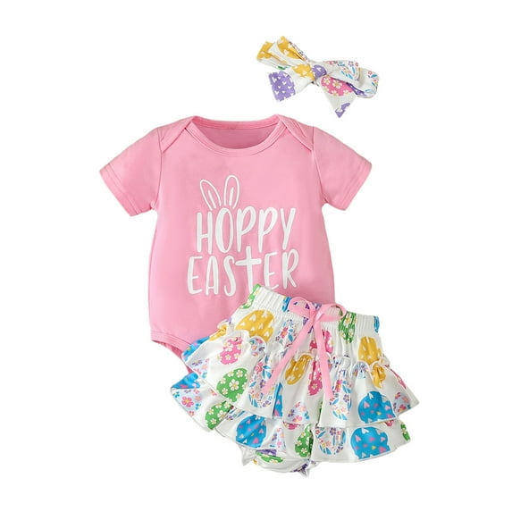 Suealasg Baby Girls Easter Outfit 3 6 12 18 Months Infant Girls Short Sleeve Letter Egg Print Romper + Rompers Skirt+Headband Set 0-18M 3Pcs Newborn Girl Summer Clothing