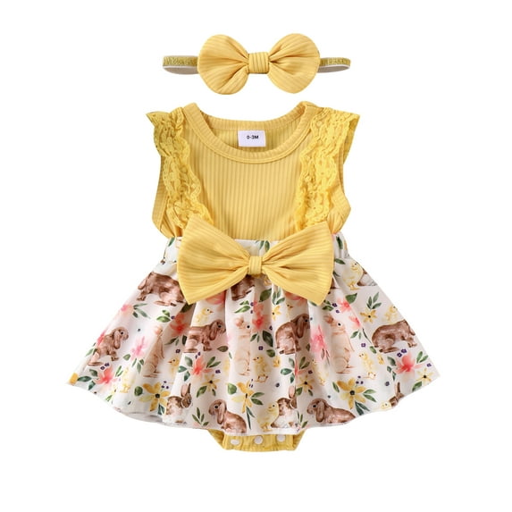 Suealasg Baby Girls Easter Outfit 3 6 9 12 18 Months Sleeveless Bunny Floral Print Romper Dress + Headband Set 0-18M 2Pcs Newborn Girl Summer Clothes