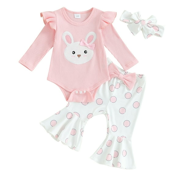 Suealasg Baby Girls Easter Outfits 3M 6M 12M 18M Infant Girls Long Sleeves Bunny Embroidery Romper +Dot Print Flared Pants +Headband Set Newborn Girls Spring Clothes