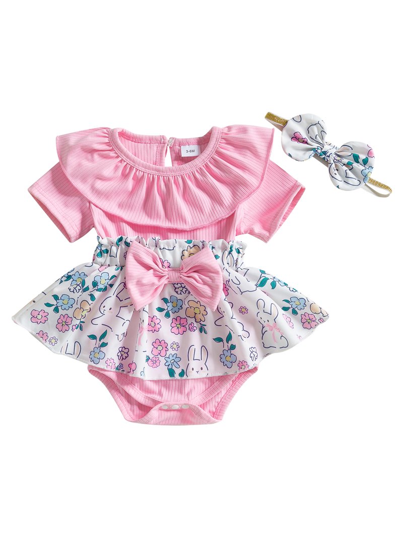 Suealasg Baby Girls Easter Outfits Bunny Print Short Sleeve Romper