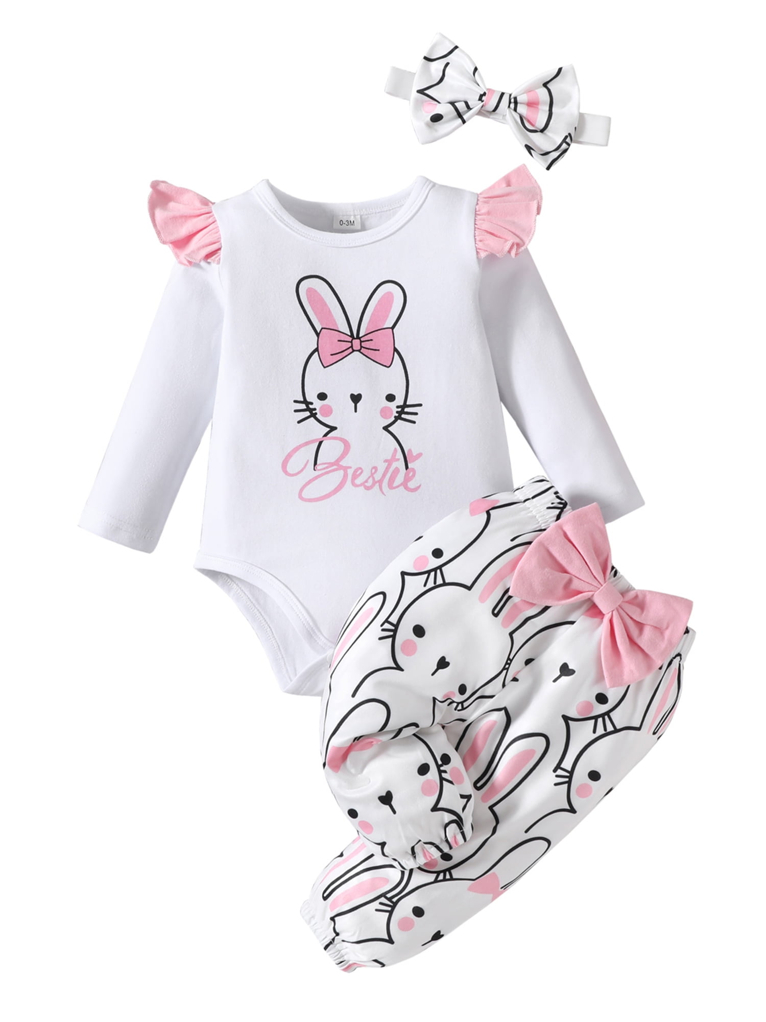 Suealasg Baby Girls Easter Outfits Set 3M 6M 9M 12M 18M Infant Girls Long Sleeve Rabbit Print Romper Tops Pants Headband Set 3PCS Casual Spring Clothing for Toddler Girls Walmart