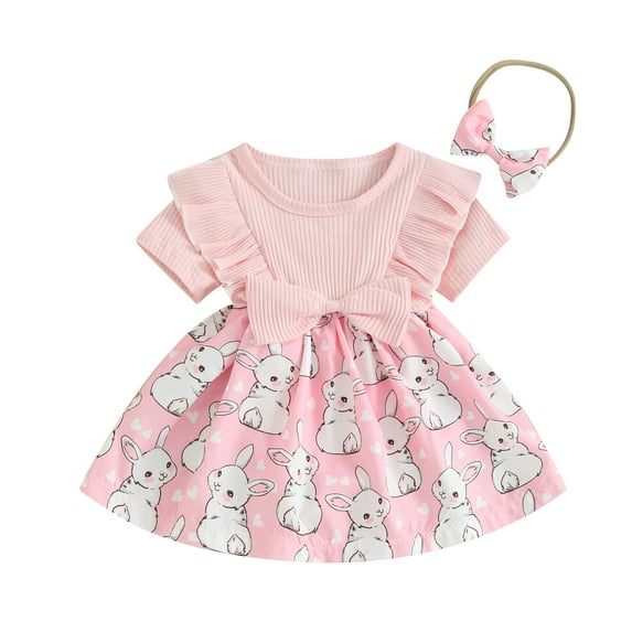 Suealasg Baby Girls Easter Outfits Short Sleeve Round Neck Rabbit Print Romper Dress + Headband 2Pcs Newborn Birthday Photoshoot Clothes