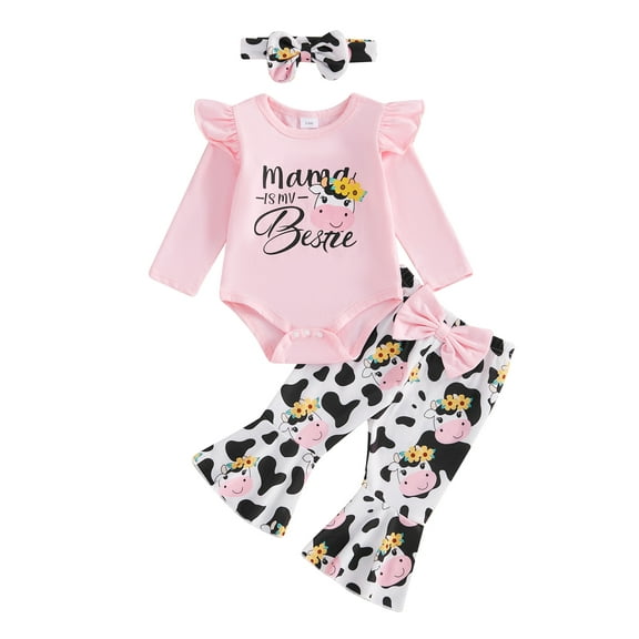 Suealasg Baby Girls Fall Clothes Long Sleeve Letters Print Romper +Cow Flare Pants+Headband Sets 3 6 9 12 18 Months Infant Newborn Girls 3Pcs Pants Set