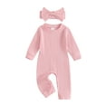thumbnail image 1 of Suealasg Baby Girls Full Length Jumpsuit 3 6 9 12 18 Months Infant Long Sleeve Ribbed Rompers Headband Spring Fall Bodysuit Clothes for Newborn Girls, 1 of 7