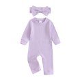 thumbnail image 1 of Suealasg Baby Girls Full Length Jumpsuit 3 6 9 12 18 Months Infant Long Sleeve Ribbed Rompers Headband Spring Fall Bodysuit Clothes for Newborn Girls, 1 of 7