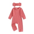 thumbnail image 1 of Suealasg Baby Girls Full Length Jumpsuit 3 6 9 12 18 Months Infant Long Sleeve Ribbed Rompers Headband Spring Fall Bodysuit Clothes for Newborn Girls, 1 of 7