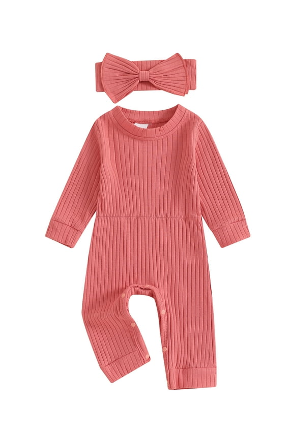 Baby Girls Full Length Jumpsuit 3 6 9 12 18 Months Infant Long Sleeve Ribbed Rompers Headband Spring Fall Bodysuit Clothes for Newborn Girls