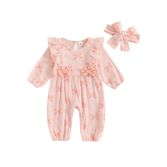 Suealasg Baby Girls Full Length Jumpsuit 3 6 9 12 Months Infant Long Sleeve Bow Print Ruffle Rompers Headband Spring Fall Bodysuit Clothes for Newborn Girls
