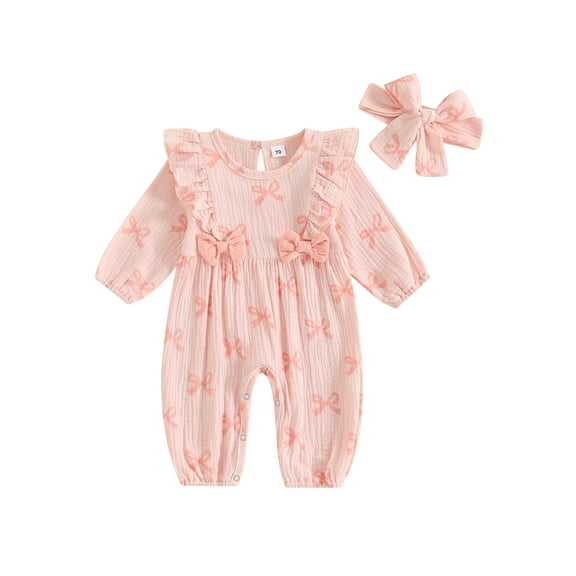Suealasg Baby Girls Full Length Jumpsuit 3 6 9 12 Months Infant Long Sleeve Bow Print Ruffle Rompers Headband Spring Fall Bodysuit Clothes for Newborn Girls