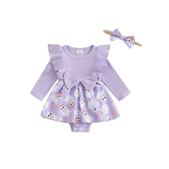 Suealasg Baby Girls Halloween Outfit 2Pcs Newborn Girl Fall Clothing 3 6 9 12 18 Months Infant Girls Long Sleeve Ghost Print Romper Dress + Headband Set