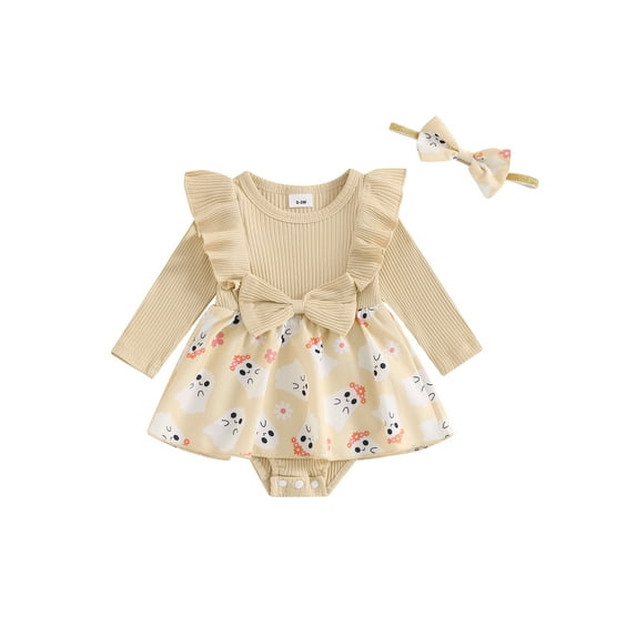 Suealasg Baby Girls Halloween Outfit 2Pcs Newborn Girl Fall Clothing 3 6 9 12 18 Months Infant Girls Long Sleeve Ghost Print Romper Dress + Headband Set