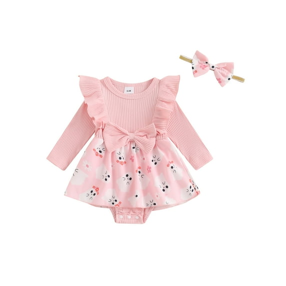 Suealasg Baby Girls Halloween Outfit 2Pcs Newborn Girl Fall Clothing 3 6 9 12 18 Months Infant Girls Long Sleeve Ghost Print Romper Dress + Headband Set