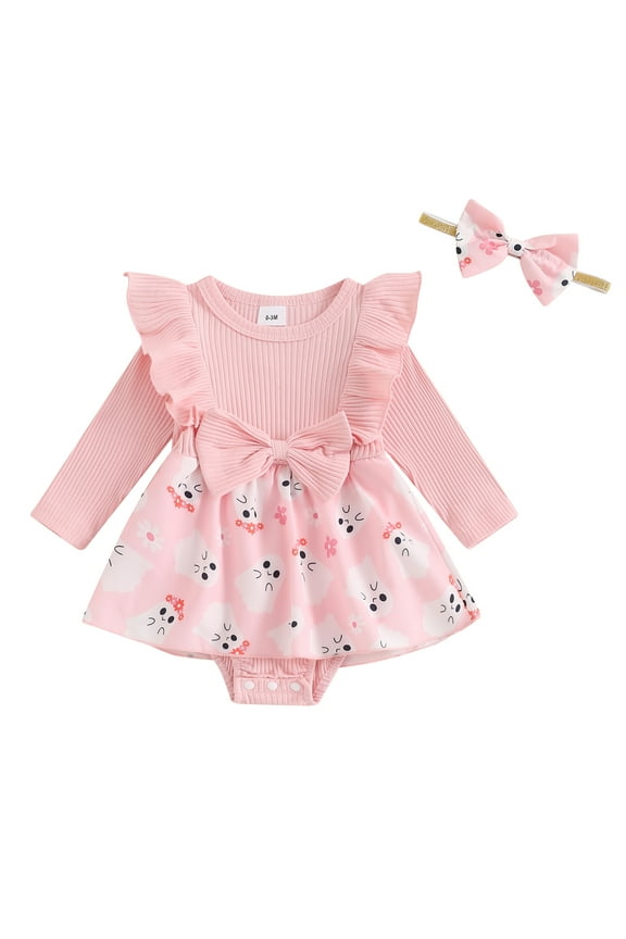 Baby Girls Halloween Outfit 2Pcs Newborn Girl Fall Clothing 3 6 9 12 18 Months Infant Girls Long Sleeve Ghost Print Romper Dress + Headband Set
