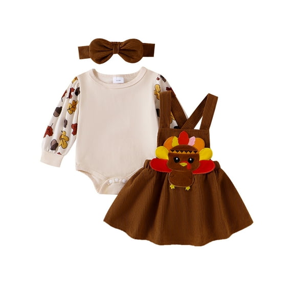 Suealasg Baby Girls Halloween Outfit 3Pcs Newborn Girl Christmas Clothing 3 6 9 12 18 Months Infant Girls Long Sleeve Romper Santa Claus/Ghost/Turkey Embroidery Suspender Skirt Headband Sets