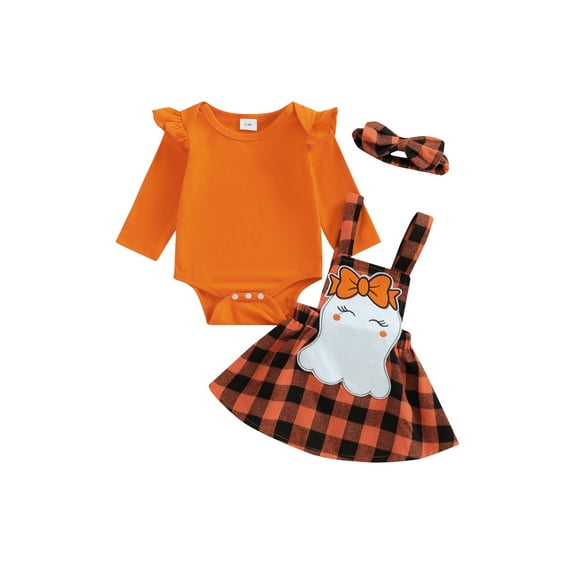 Suealasg Baby Girls Halloween Outfits Flying Sleeve Romper Ghost Embroidery Plaid Suspender Skirt Headband Sets 3 6 12 18 Months Infant Girls Halloween 3Pcs Clothes