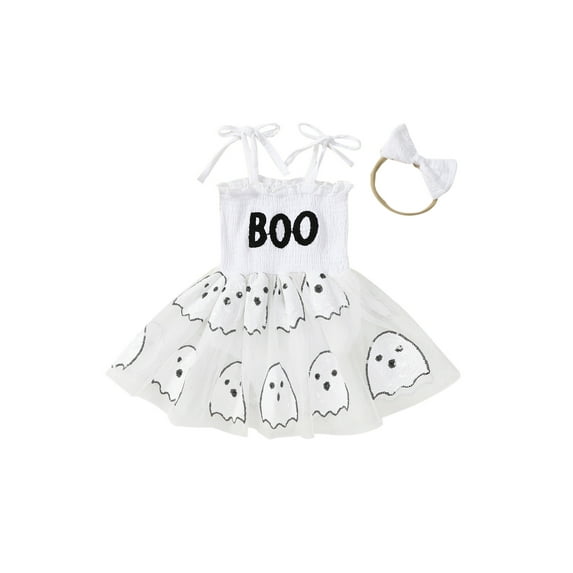 Suealasg Baby Girls Halloween Outfits Newborn Girls Spring Fall 2Pcs Clothes 3 6 12 18 24 Months Infant Girls Sleeveless Letter Print Romper Dress + Headband Set
