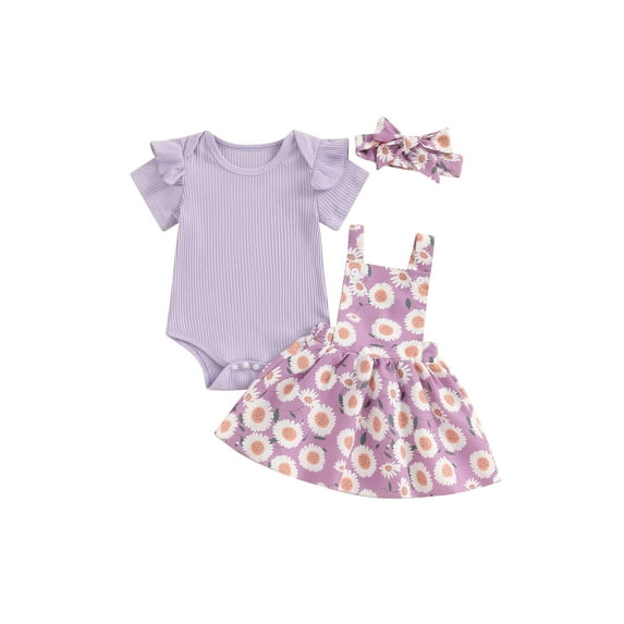 Suealasg Baby Girls Outfit 3 6 12 18 24 Months Infant Girls Short Sleeve Ribbed Romper Daisy Print Suspender Skirt Headband Set 0-18M 3Pcs Newborn Girl Summer Clothes