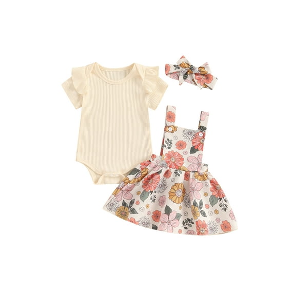 Suealasg Baby Girls Outfit 3 6 12 18 24 Months Infant Girls Short Sleeve Ribbed Romper Daisy Print Suspender Skirt Headband Set 0-18M 3Pcs Newborn Girl Summer Clothes