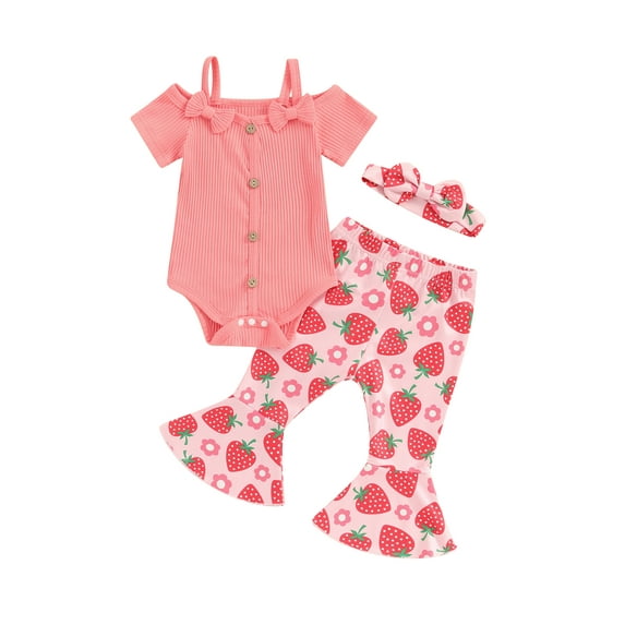 Suealasg Baby Girls Outfit 3 6 9 12 18 Months Infant Girls Short Sleeve Spaghetti Strap Bow Romper + Strawberry Print Flare Pants+ Headband Set 0-18M 3Pcs Newborn Girl Summer Clothes