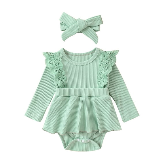 Suealasg Baby Girls Outfit 3 6 9 12 Months 2Pcs Newborn Girl Spring Clothing Infant Girls Lace Fly Sleeve Romper Dress + Headband Set