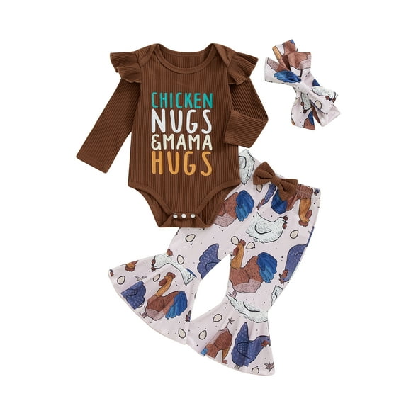 Suealasg Baby Girls Outfit 3Pcs Newborn Girls Spring Fall Clothes 3 6 12 18 Months Infant Girls Long Sleeve Round Neck Ruffled Romper Rooster Long Flare Pants Headband Set