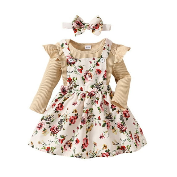 Suealasg Baby Girls Outfit 3Pcs Newborn Girls Spring Fall Clothes 3 6 9 12 18 Months Infant Girls Long Sleeve Ribbed Romper Floral Print Overalls Skirt Headband Set