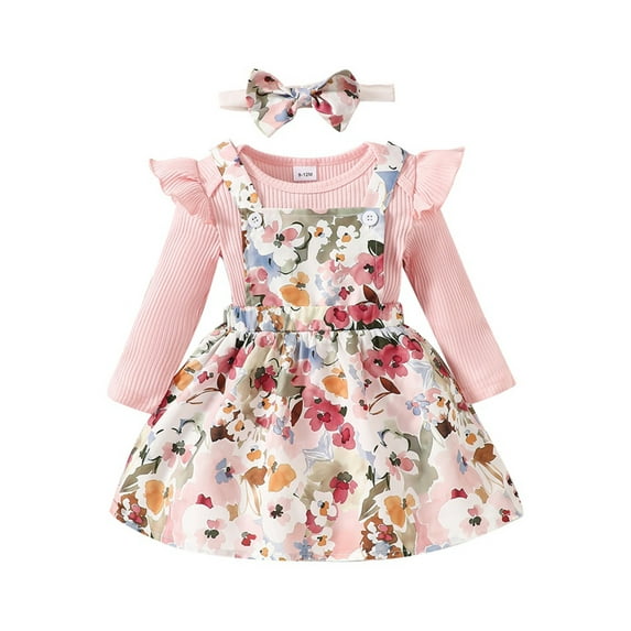 Suealasg Baby Girls Outfit 3Pcs Newborn Girls Spring Fall Clothes 3 6 9 12 18 Months Infant Girls Long Sleeve Ribbed Romper Floral Print Overalls Skirt Headband Set